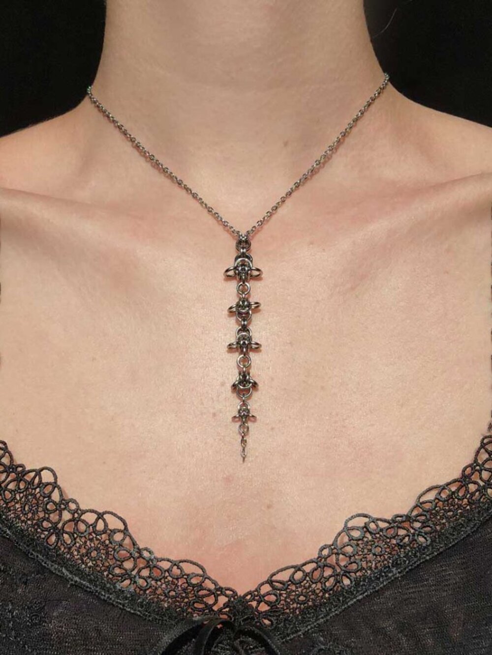 Gothic spiky rosary necklace with a small silver chain